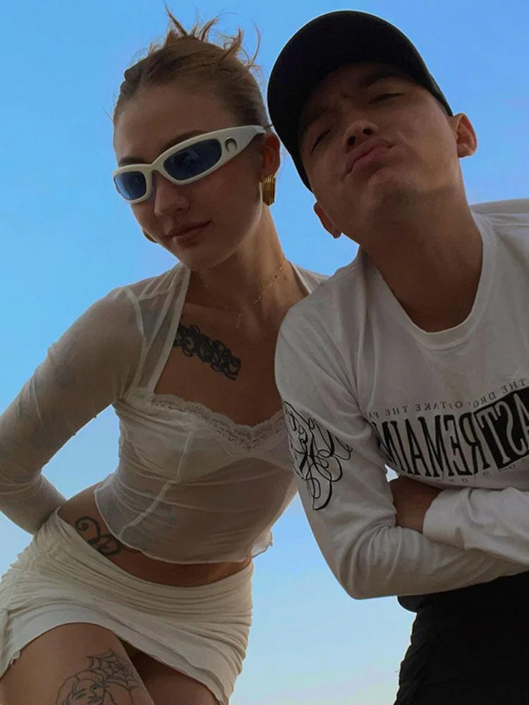 Lace Trim Mesh Crop Tops 90s Aesthetics Patchwork Square Neck Long Sleeve White Tees Summer T-shirts