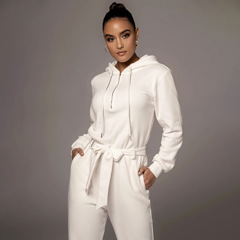 Autumn Winter Slim Fit Long Sleeve Color Hooded Half Open Collar Urban Jumpsuit