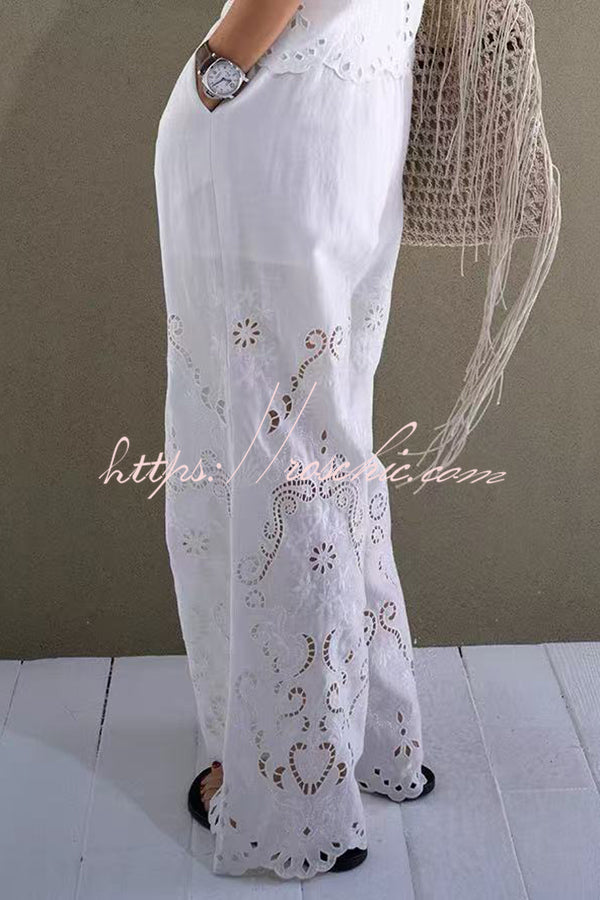 Linen Blend Color Embroidered Hollow Loose Vest and Elastic Waist Pocket Wide Leg Pants Set