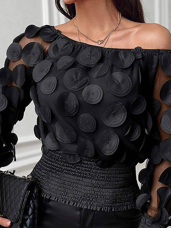 Black Dot Round-neck See-through Puff Sleeve Tulle Blouse Tt1036