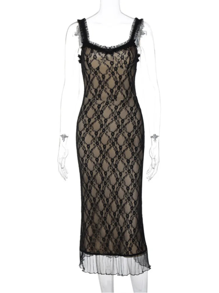 Lace Print Maxi Dress for Spaghetti Strap Sleeveless Backless Bodycon Club Party Long Dress