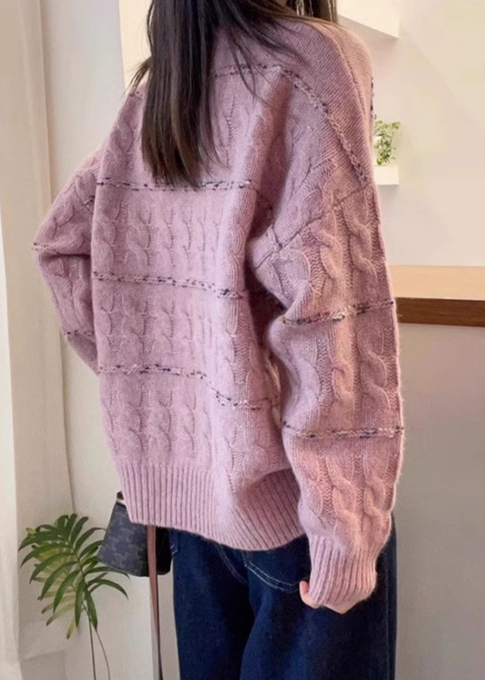 New Pink O Neck Cozy Patchwork Knit Sweaters Fall Qx028
