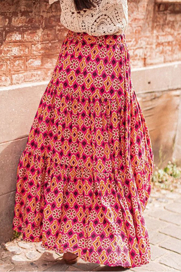 Rose Print Tiered Maxi Skirt