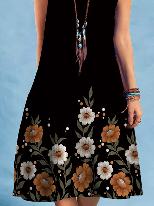 Loose Flower Print V-neck Mini Dresses