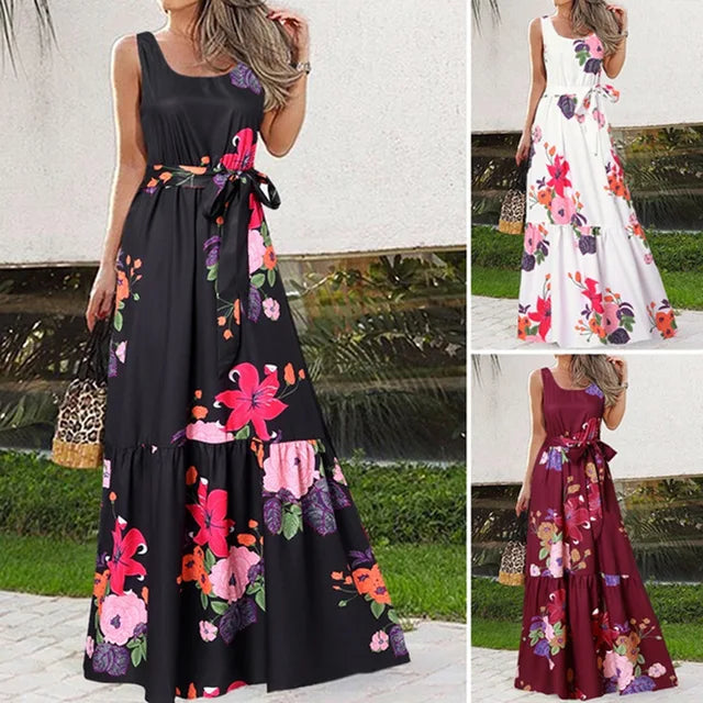 Summer Flower Print Sleeveless Long Dresses Vacation Style Dress O Neck High Waist Leace-up Maxi Vestidos