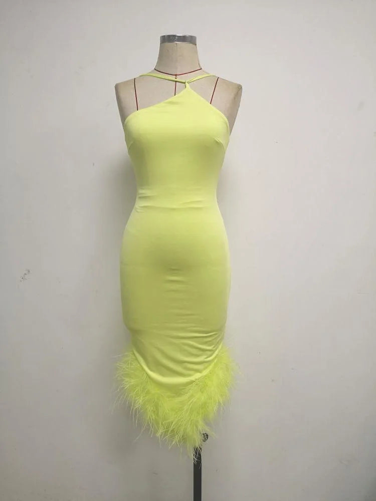 Spaghetti Strap Feather Midi Dress for Robe Backless Bodycon Club Party Dress Vestido