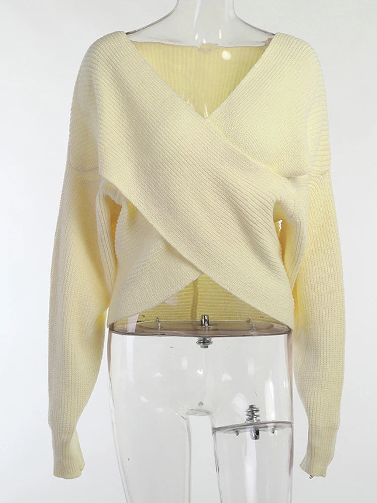 V-neck Long Sleeve Cross Sweaters Knitted Pullover Outwears Spring New