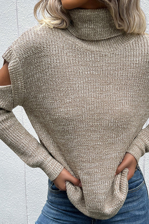 Turtleneck Long Sleeve Color Hollow Off Shoulder Sweater