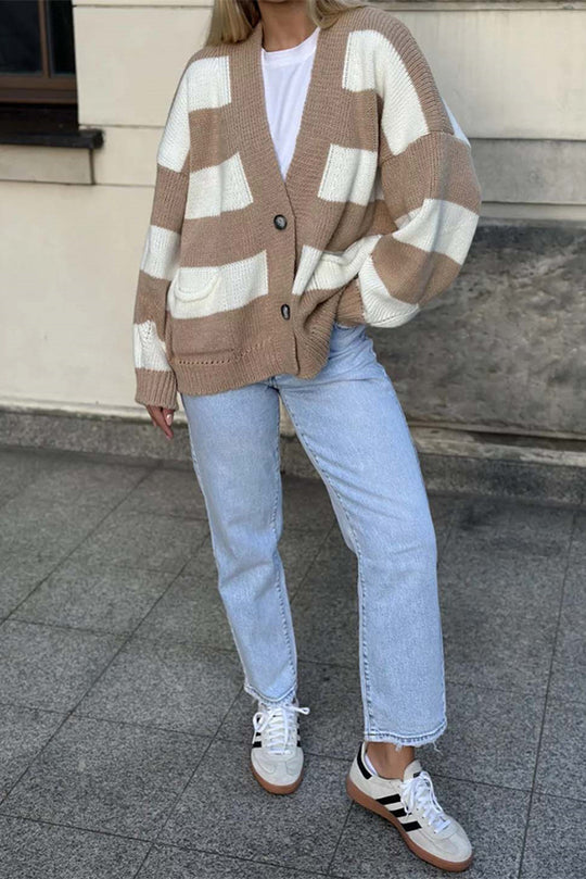 V-neck Long-sleeved Striped Pocket Knitted Cardigan
