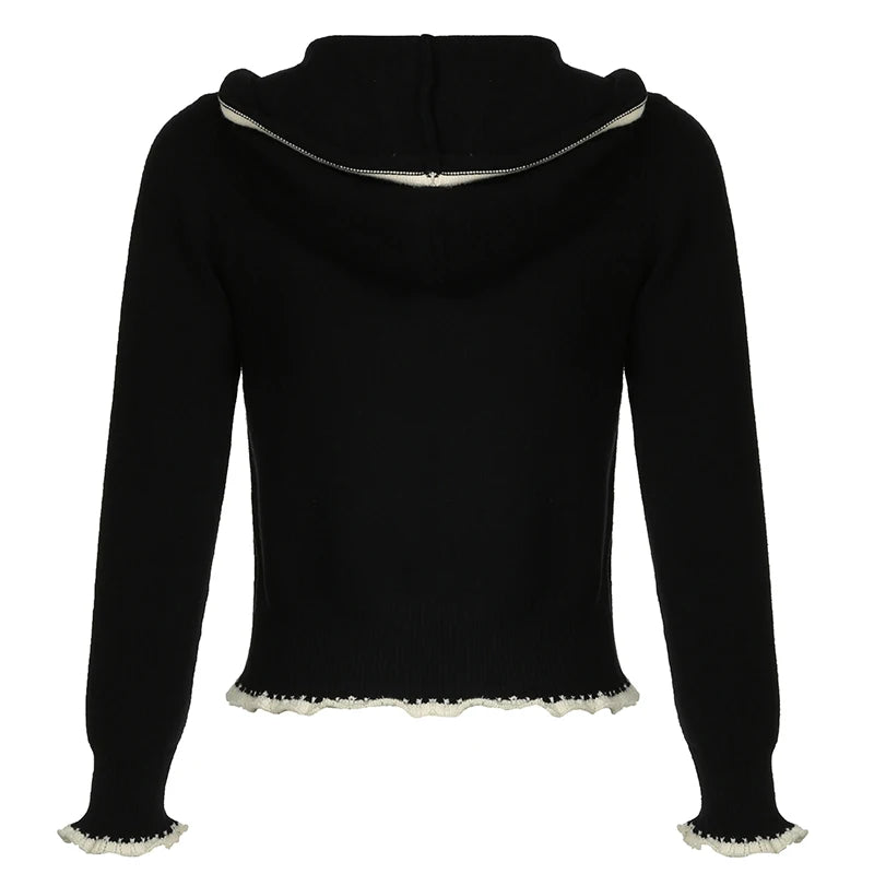 Black Lace Trim Knitted Sweater Cardigan Autumn Winter New Coat Sweet Basic All-match