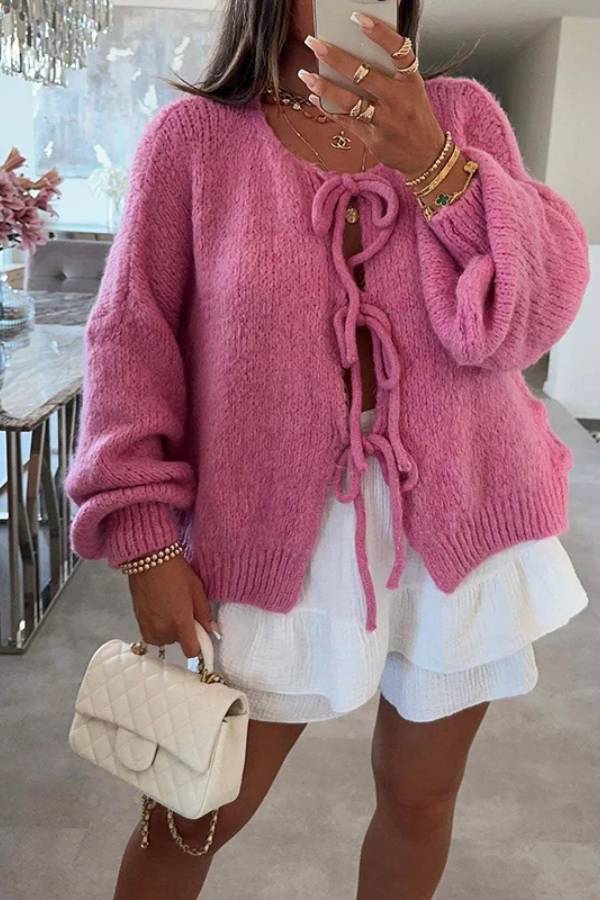 Stylish Color Crew Neck Lace-up Sweater