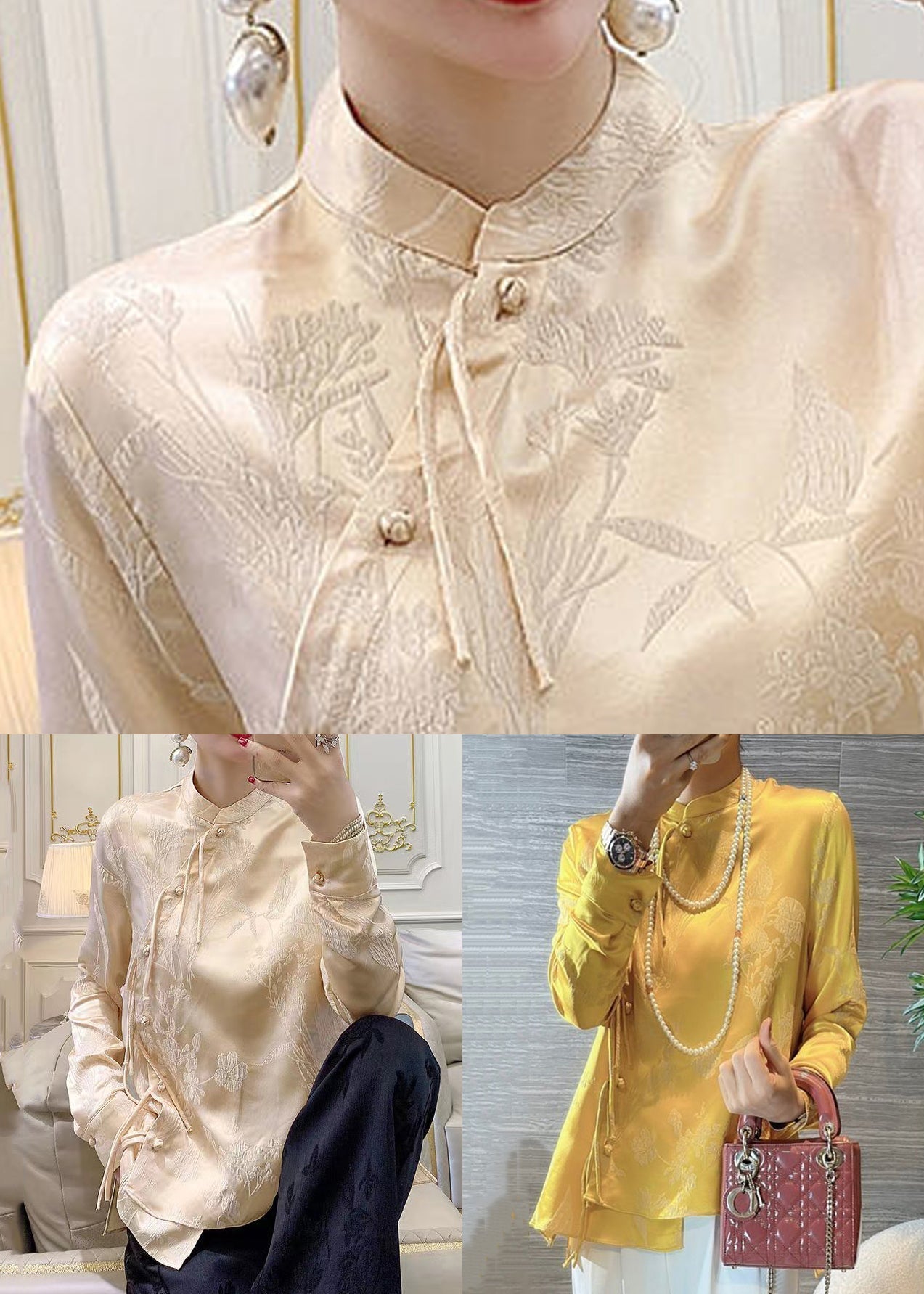 New Yellow Chinese Button Print Silk Blouses Spring Qa1080