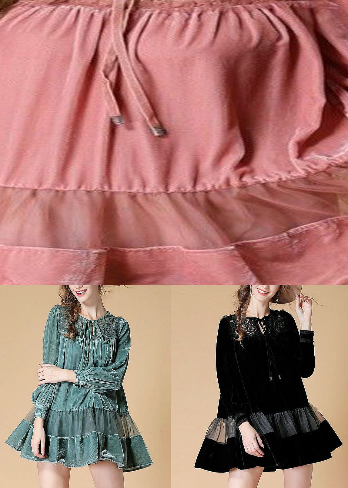 Art Black O Neck Embroideried Patchwork Velour Dresses Spring Ly0029
