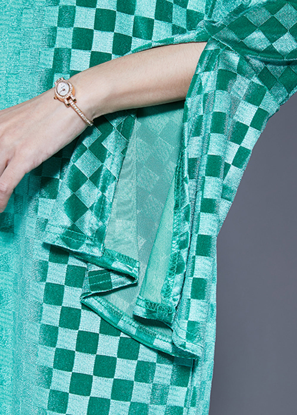 Art Green Stand Collar Plaid Side Open Silk Velour Long Dress Flare Sleeve Ly1841