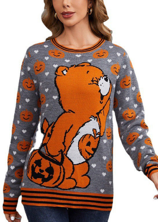 Art Grey O Neck Animal Cozy Knit Sweater Fall Ae1014