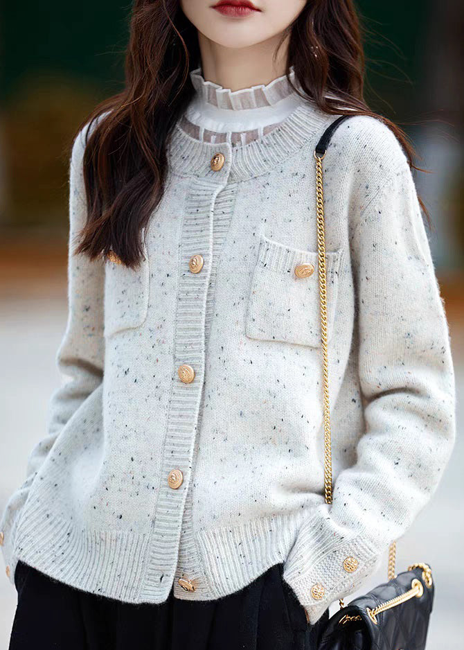 Art Grey O Neck Button Pockets Woolen Coat Spring Tf027