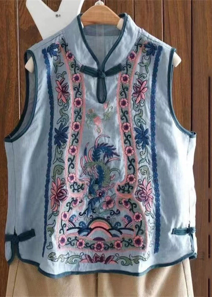 Art Light Blue Stand Collar Embroidered Waistcoat Summer Vb1073