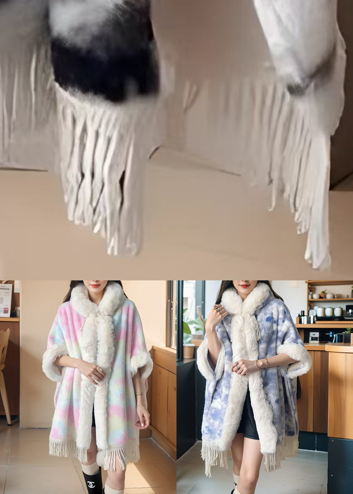 Art Pink Fur Collar Tasseled Warm Fleece Cape Coat Winter Rc002