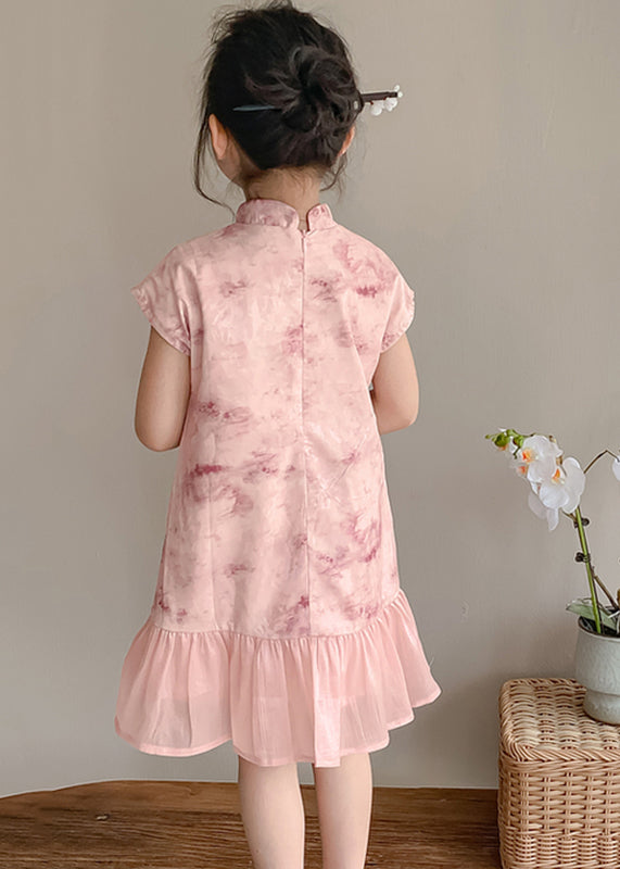 Art Pink Stand Collar Print Patchwork Kids Maxi Dress Short Sleeve Mn021