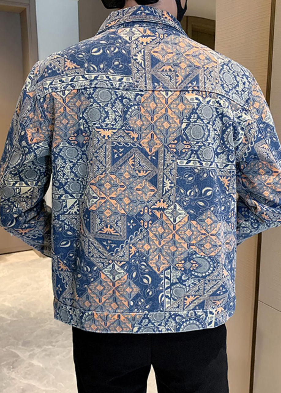 Art Print Button Pockets Denim Coats Fall Wa031
