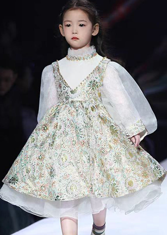 Art Print Turtleneck Tulle Kids Maxi Dresses Lantern Sleeve Ys030