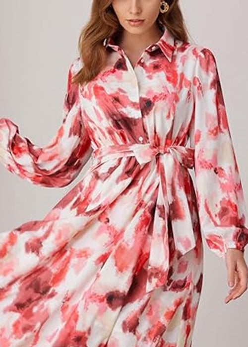 Art Red Peter Pan Collar Print Tie Waist Long Dress Fall Au1014