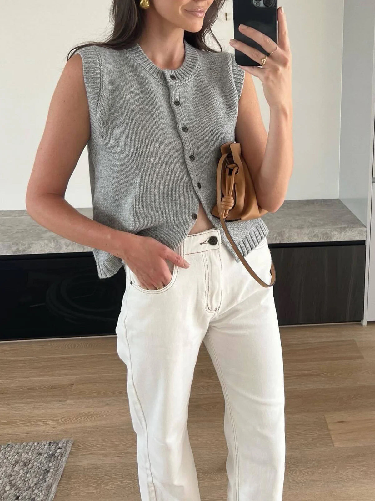 Willow Knit Vest - Button-front Sleeveless Cardigan