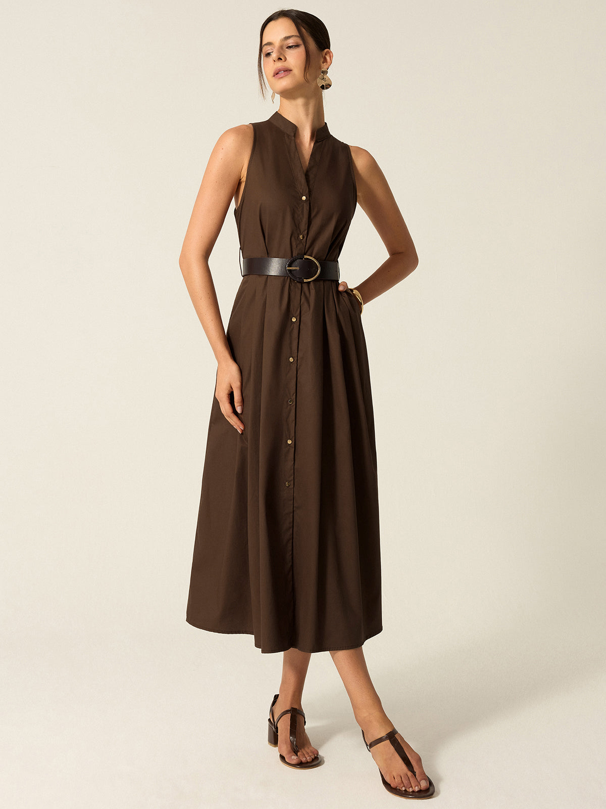 Belted Button-front Midi Dress