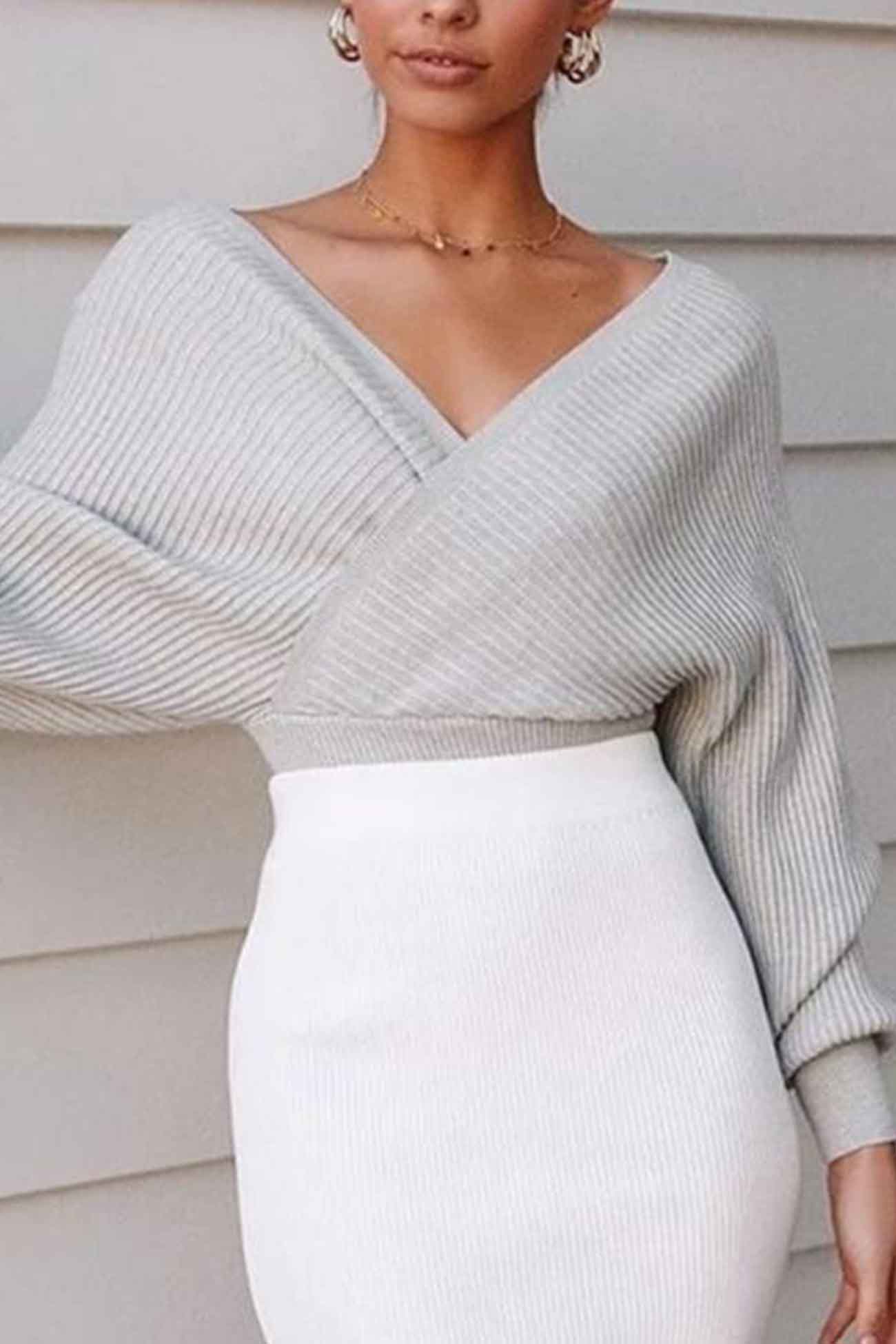 Color Crossover Long Sleeve Knitted Sweater
