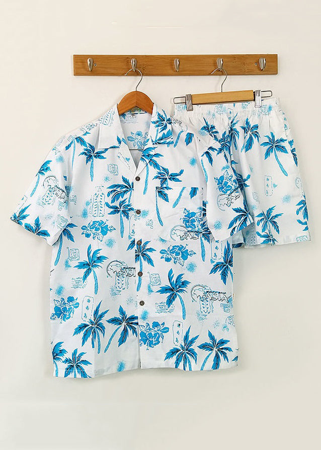 Beach Blue Button Print Shirt and Shorts Cotton Two Piece Set Short Sleeve Hg052