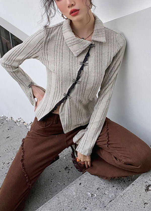 Apricot Asymmetrical Patchwork Knit Sweater Tops Long Sleeve Ly0778