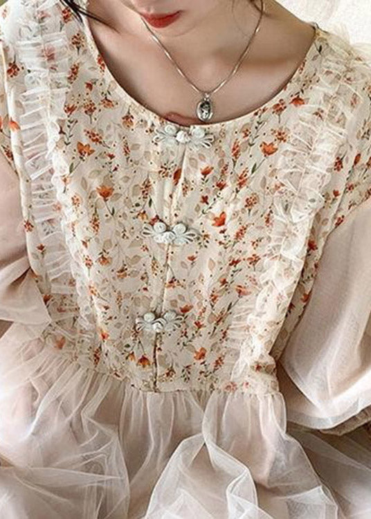 Apricot O-neck Embroideried Tulle Patchwork Maxi Dresses Half Sleeve Ti1054