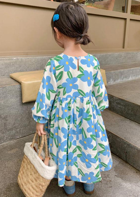 Blue O Neck Print Cotton Long Dress Long Sleeve Xz089