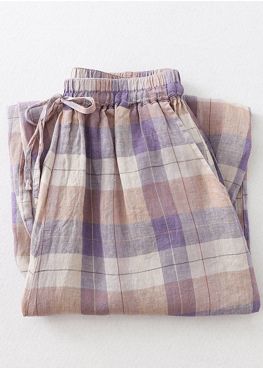 Oversized Linen Harem Pants Plaid Colorblock Summer