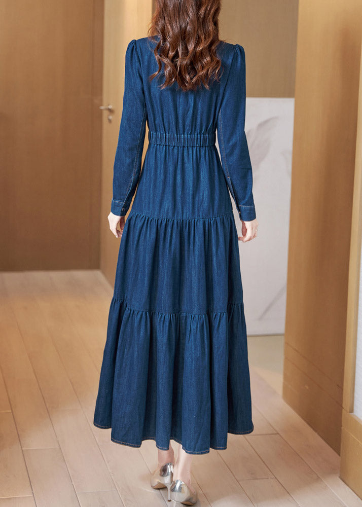 Denim Blue Peter Pan Collar Patchwork Wrinkled Tunic Button Cotton Maxi Dresses Long Sleeve Ac2023