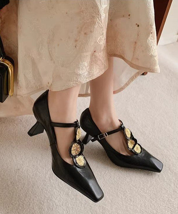 Gold Buckle Strap Decorated Splicing Heels Shoes Dd1060