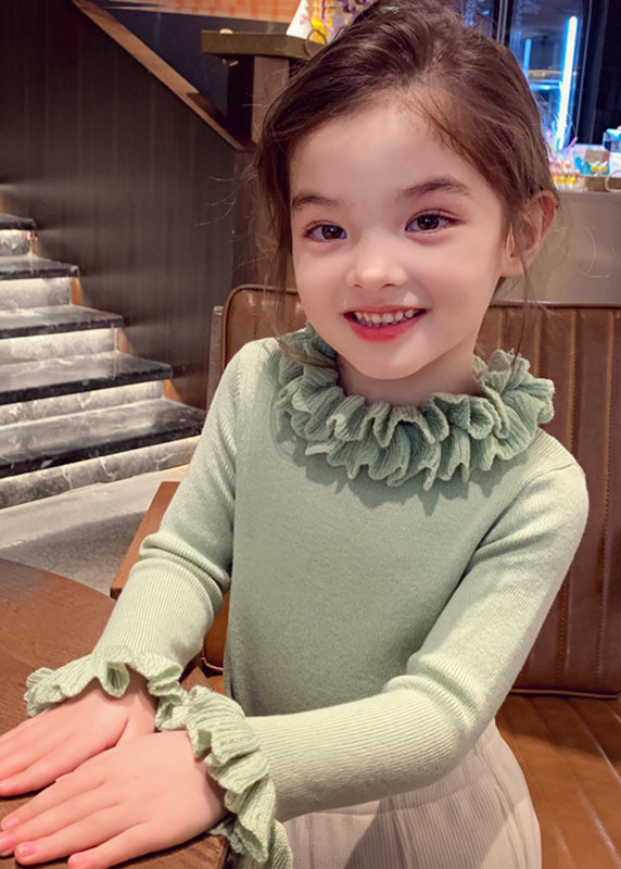 Green Patchwork Cotton Knit Sweater Petal Sleeve Tp041