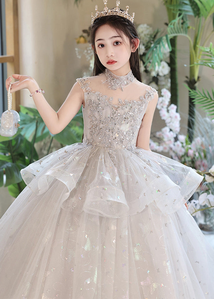 Grey Sequins Patchwork Tulle Kids Maxi Dresses Summer Qv011