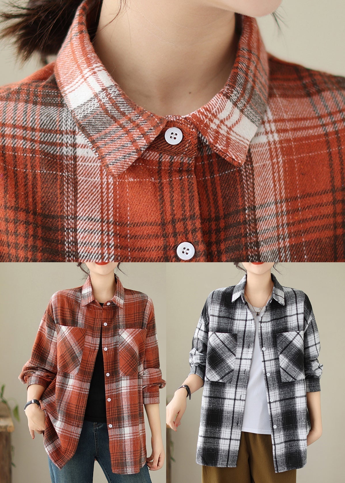 Black Pockets Plaid Cotton Shirts Coat Peter Pan Collar Fall Qo049
