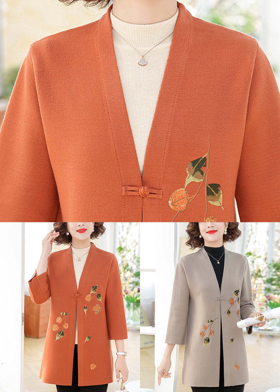 Orange Print Cotton Knit Cardigans Bracelet Sleeve Ta009