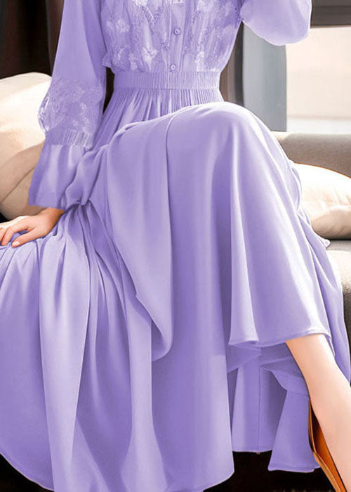 Purple Embroidered Lace Elastic Waist Maxi Dresses Fall Qr031