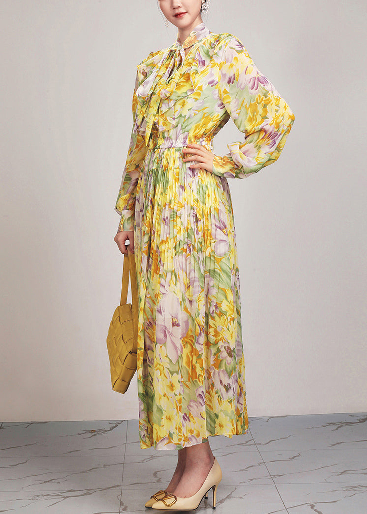 Yellow Print Lace Up Chiffon Long Dress Long Sleeve Ar1037