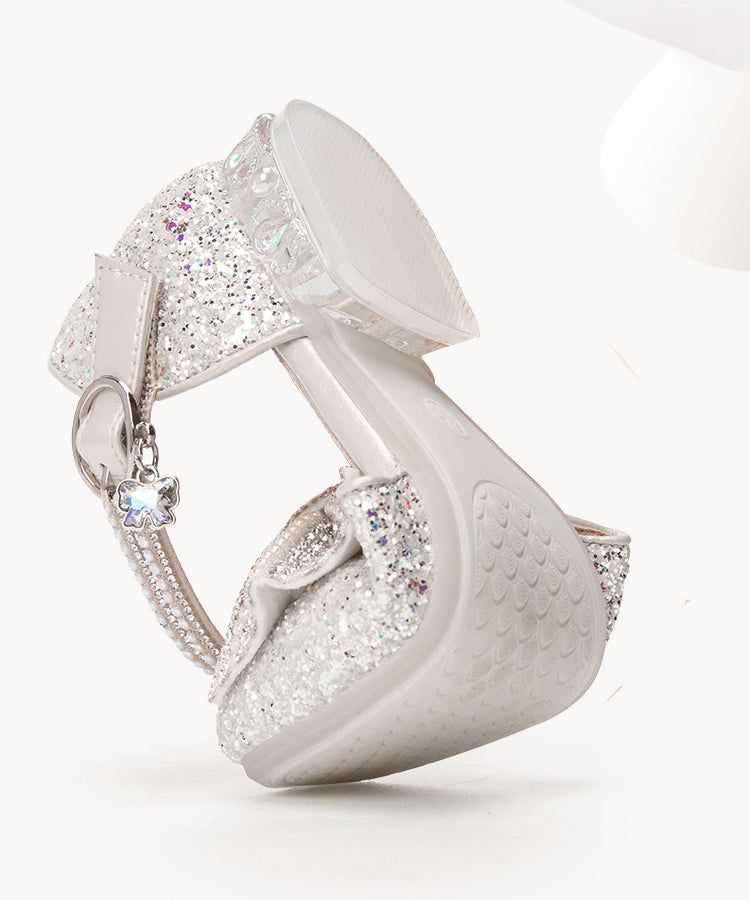 Bow Shoes Buckle Strap Beige Kids Zircon Princess