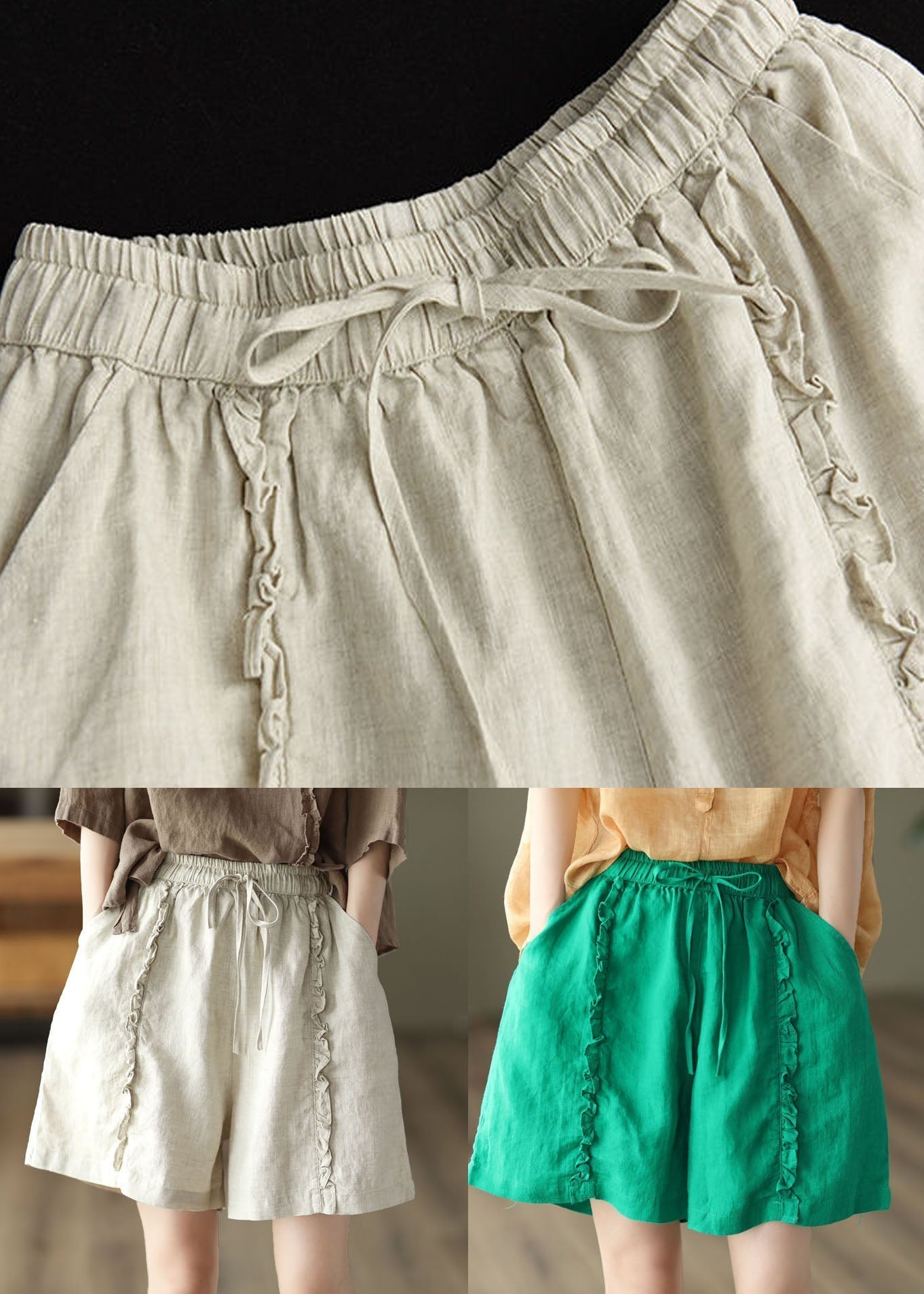 Diy Green Pockets Ruffled Patchwork Linen Hot Pants Summer Ly0633