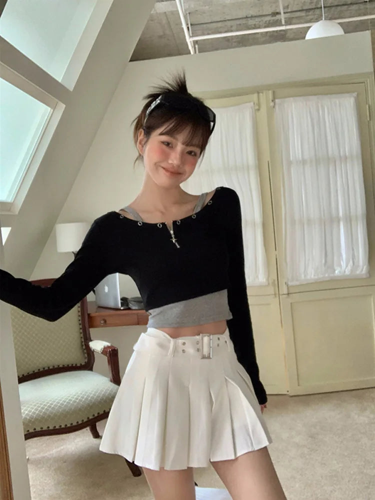 Dressbetty - White Cargo Pleated Mini Skirts Retro Low Waist A-line Skirt