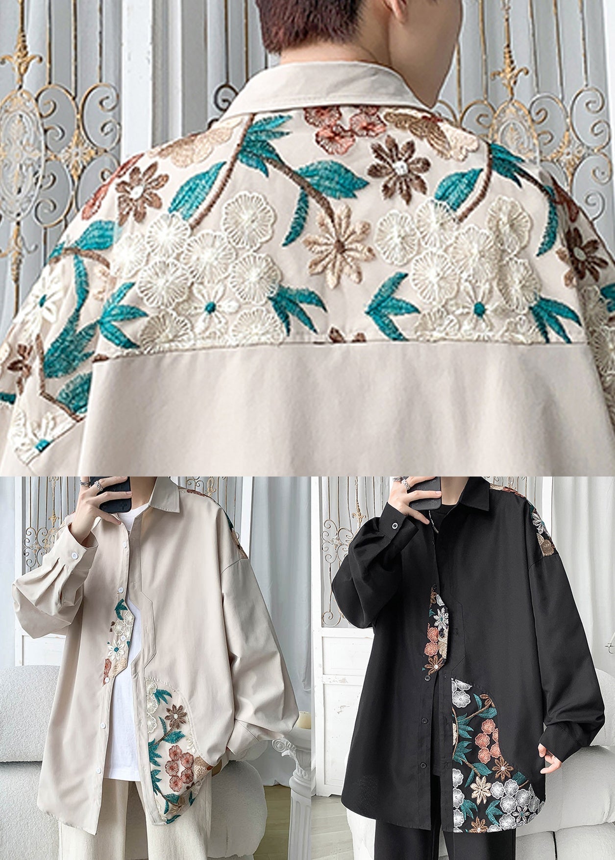 Beige Embroidered Button Cotton Neutral Coats Spring Qa1034