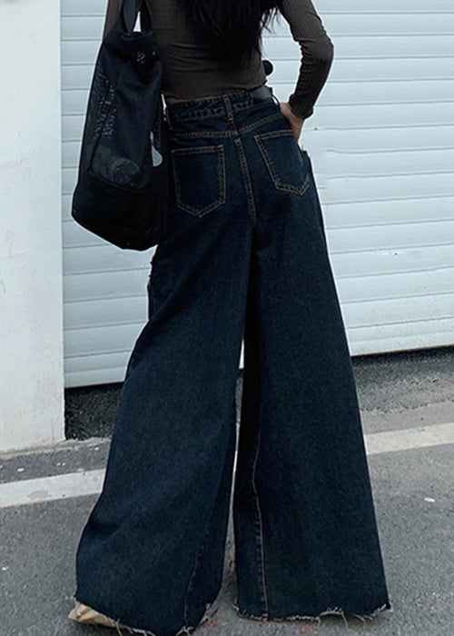 Black Button Denim Wide Leg Pants High Waist Pp027