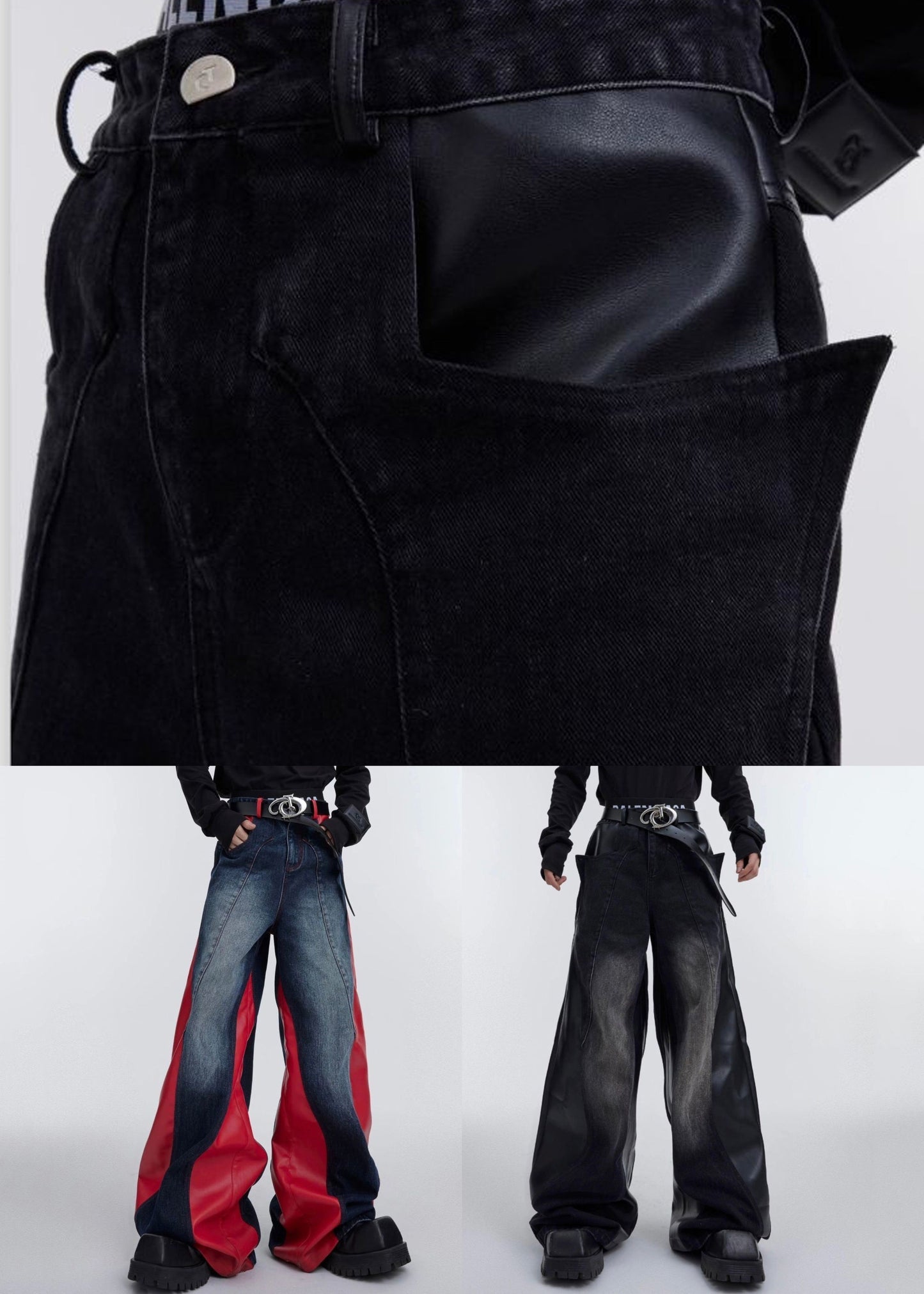 Modern Red Pockets Faux Leather Patchwork Pants Fall Rk028