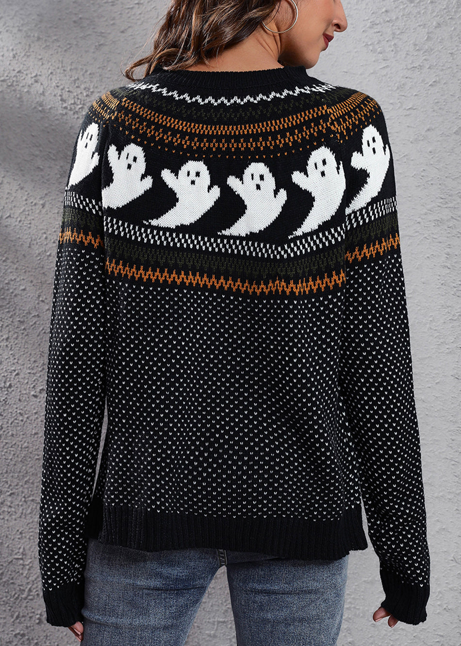 Black Ghost Cozy Patchwork Knit Sweaters O Neck Fall Ae1023