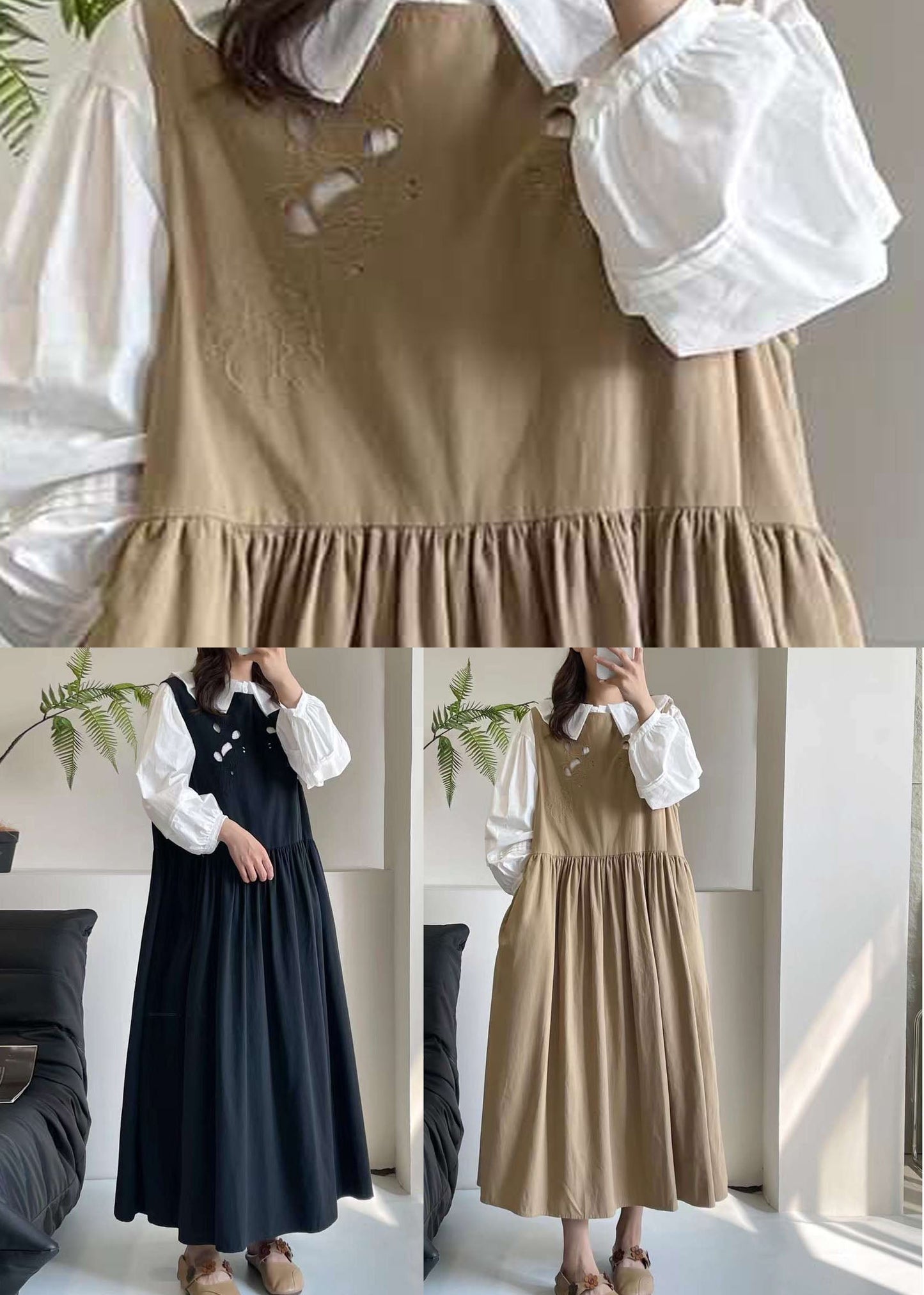 Black O-neck Patchwork Wrinkled Maxi Dress Summer Bv026